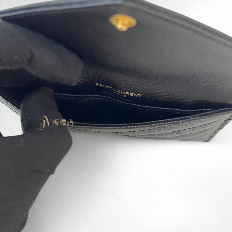 YSL 黑荔枝牛皮金釦5卡信封拉鍊零錢卡包612808-5