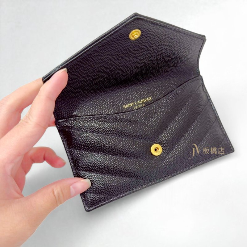 YSL 黑荔枝牛皮金釦5卡信封拉鍊零錢卡包612808-6