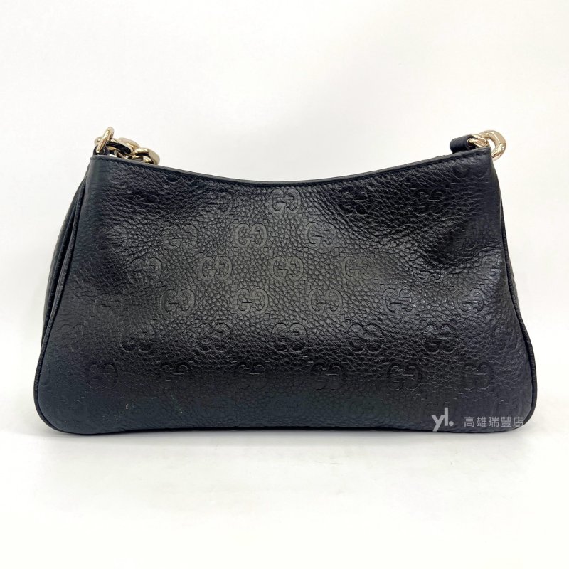 ❣Gucci 黑小牛皮壓紋Emblem淡金釦粗鏈條三層肩斜背包-1