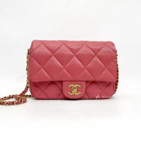 ❣Chanel 粉羊皮金釦下蓋皮穿鏈邊斜背包