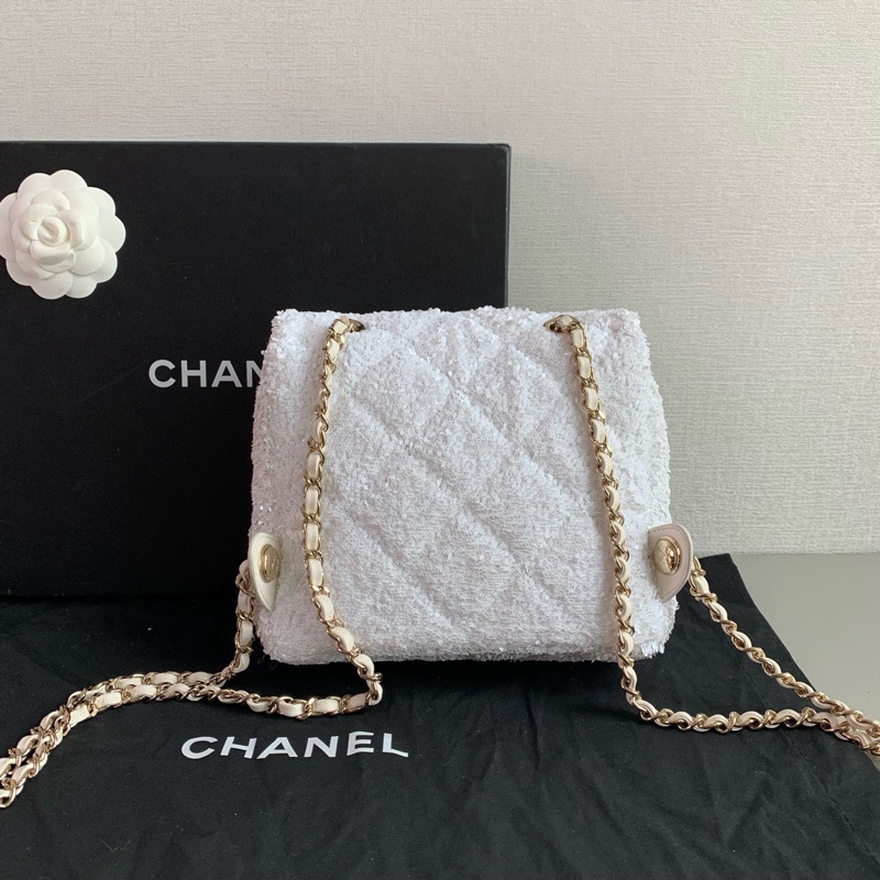Chanel 香奈兒25B 亮片金扣白色後背包-4