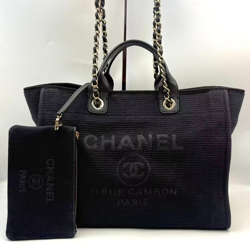 CHANEL large shopping bag 大號 黑色手柄 深藍色帆布沙灘袋-0