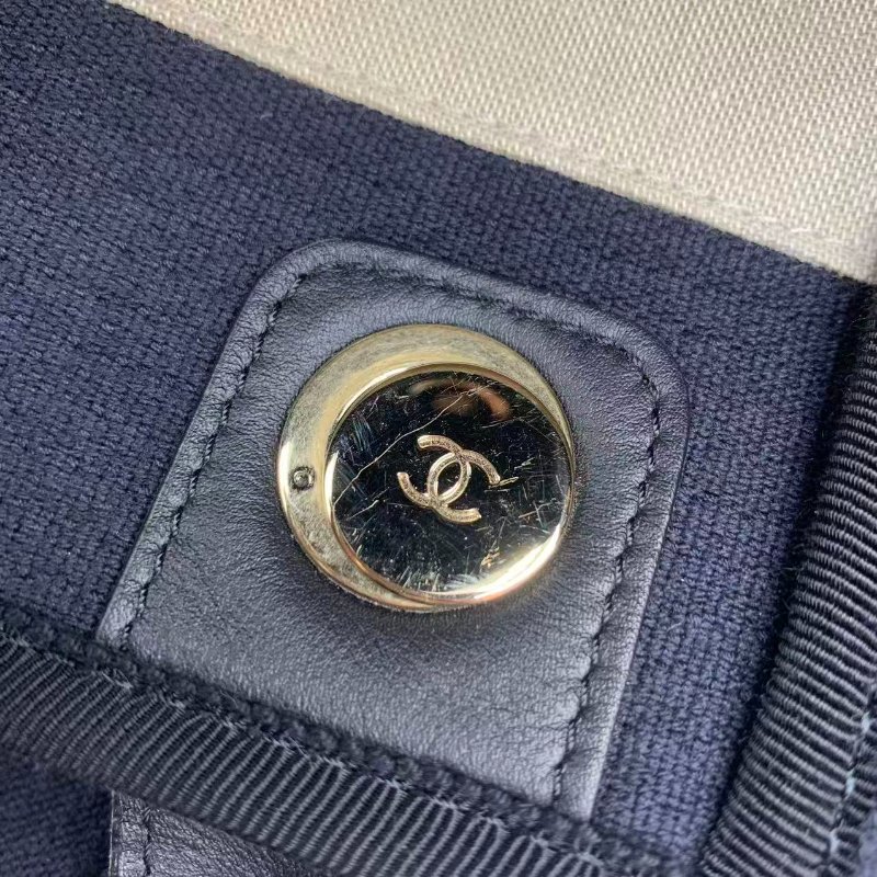 CHANEL large shopping bag 大號 黑色手柄 深藍色帆布沙灘袋-24