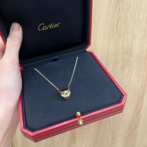 Cartier 750黃K金黑縞瑪瑙綠沙佛萊石美洲豹項鍊B7224756