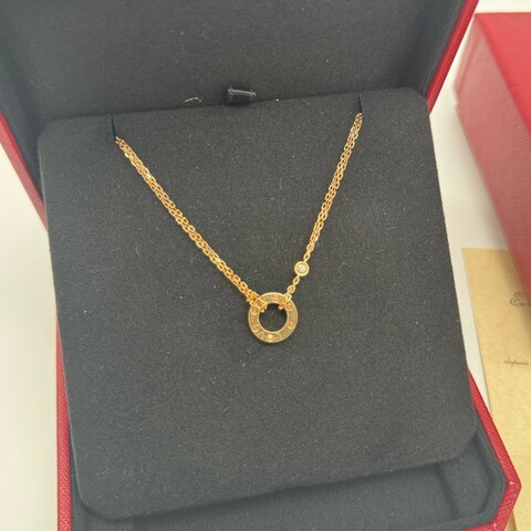 Cartier love系列 鑽石鑲嵌圓餅圓環項鍊 18k玫瑰金 鏈長40cm