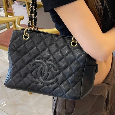 全網最低價😍Chanel黑金荔枝牛皮ppt單肩鏈條托特包