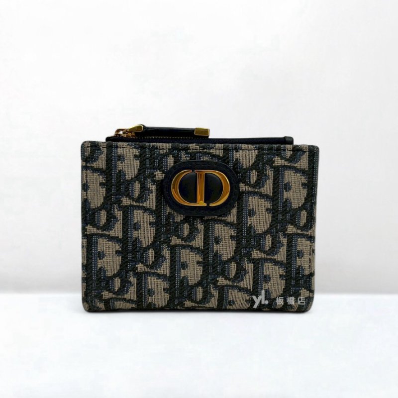 DIOR皮夾 30 Montaigne Dahlia藍緹花金釦對開兩折短夾S2197UTZQ_M928-0