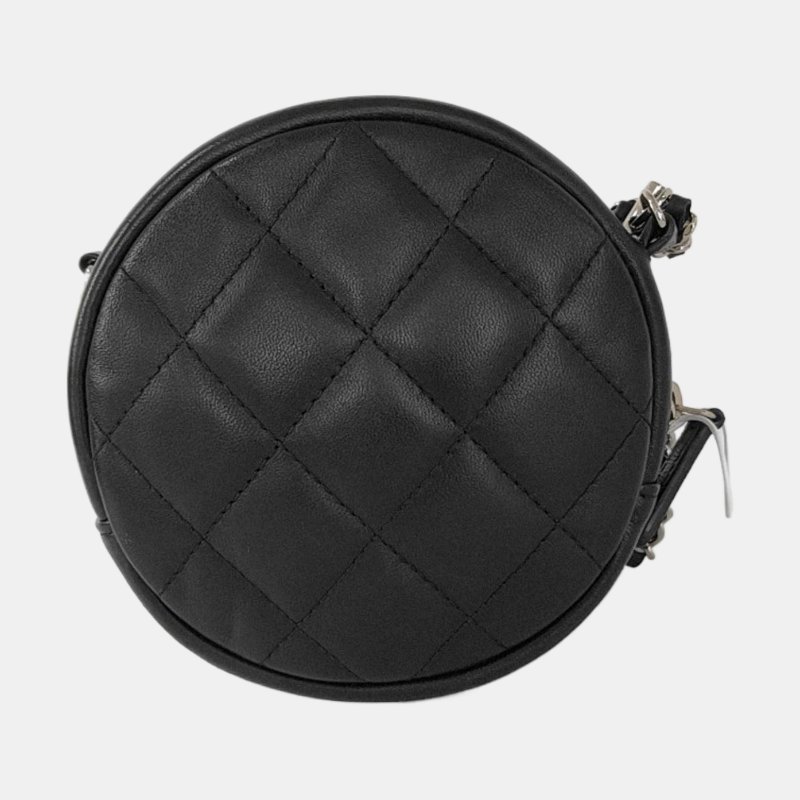CHANEL 圓餅包 黑色羊皮菱格紋縫斜背包肩背包 銀色五金-4