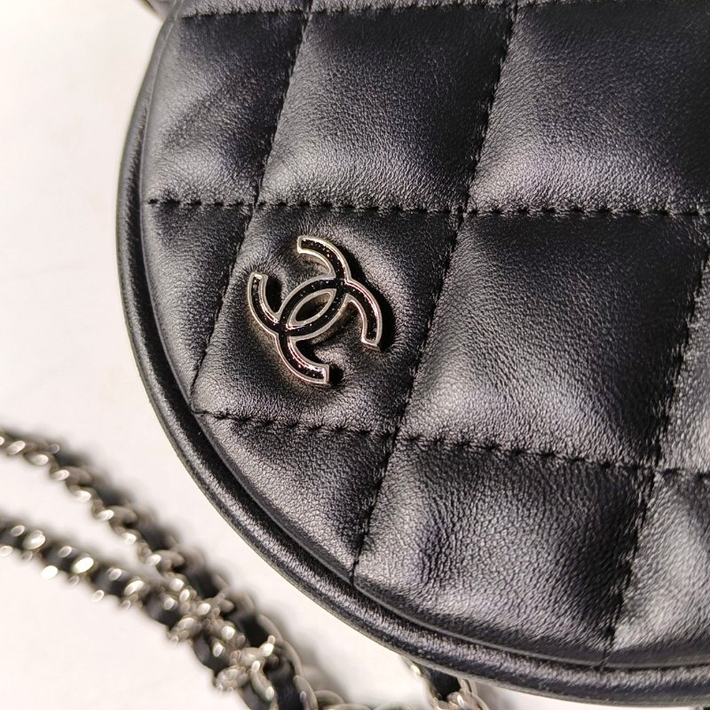 CHANEL 圓餅包 黑色羊皮菱格紋縫斜背包肩背包 銀色五金-7