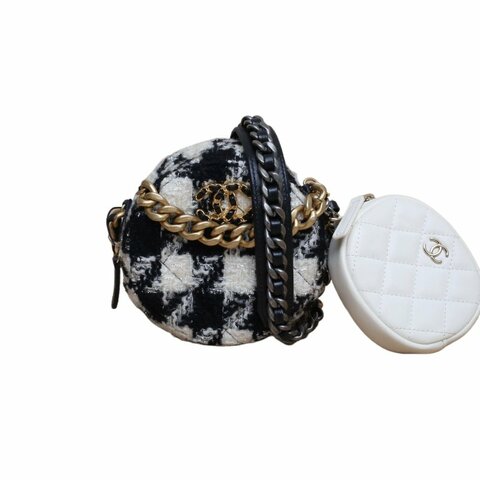 Chanel 19bag圓餅子母包 黑白毛呢 金銀扣 斜背包
