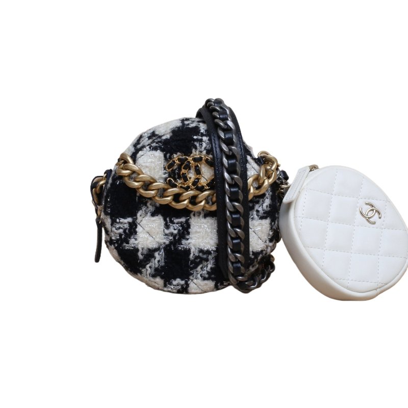 Chanel 19bag圓餅子母包 黑白毛呢 金銀扣 斜背包-0
