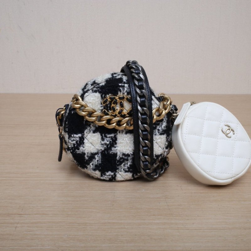 Chanel 19bag圓餅子母包 黑白毛呢 金銀扣 斜背包-1