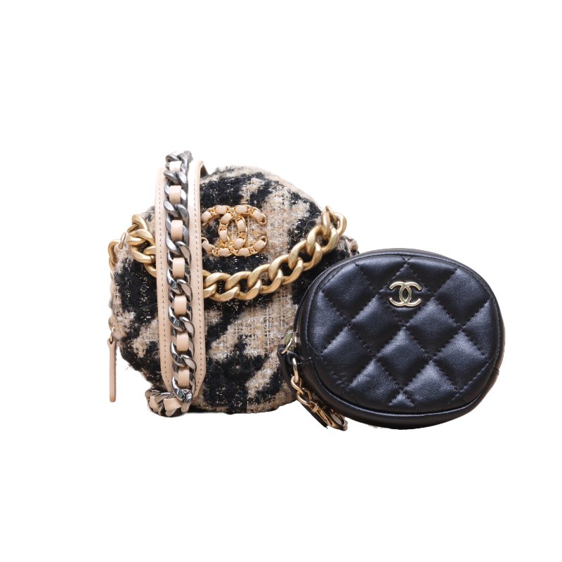Chanel 19bag 圓餅子母包 拼色毛呢 羊皮 金銀扣 斜背包 肩背包-0