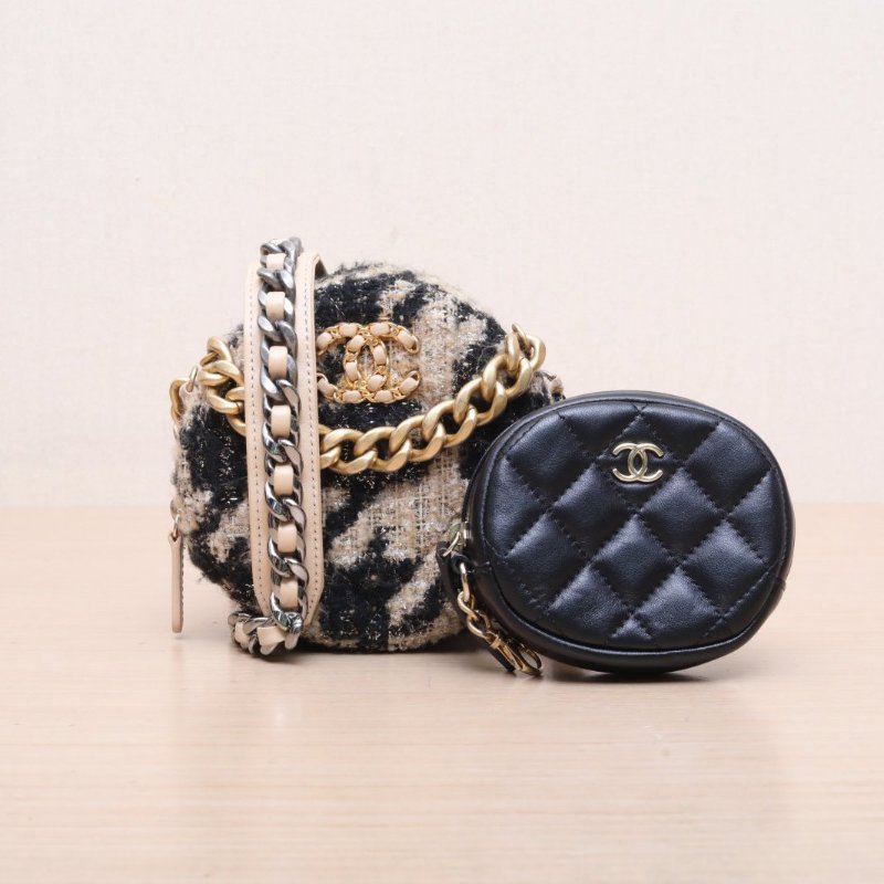 Chanel 19bag 圓餅子母包 拼色毛呢 羊皮 金銀扣 斜背包 肩背包-1