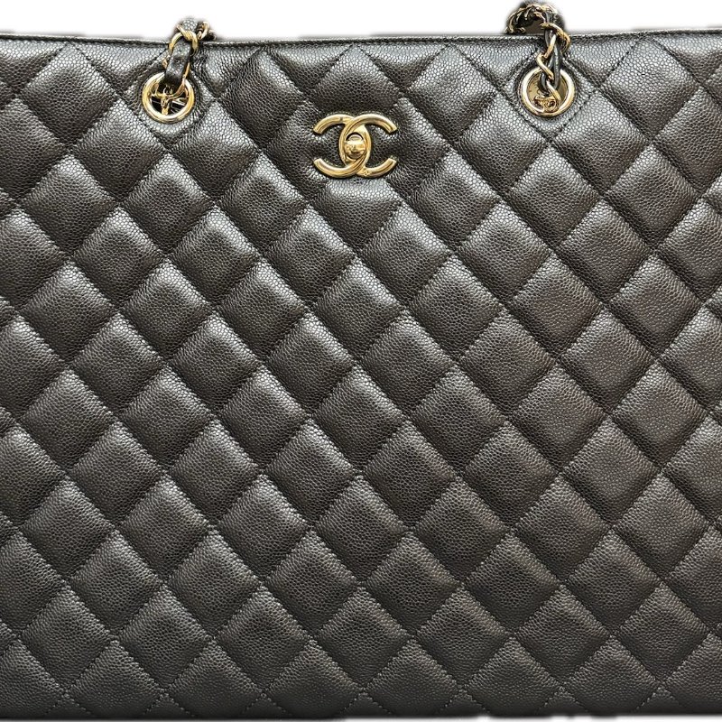 Chanel 黑荔枝牛皮菱格紋淡金釦手提肩背購物包A91046-1