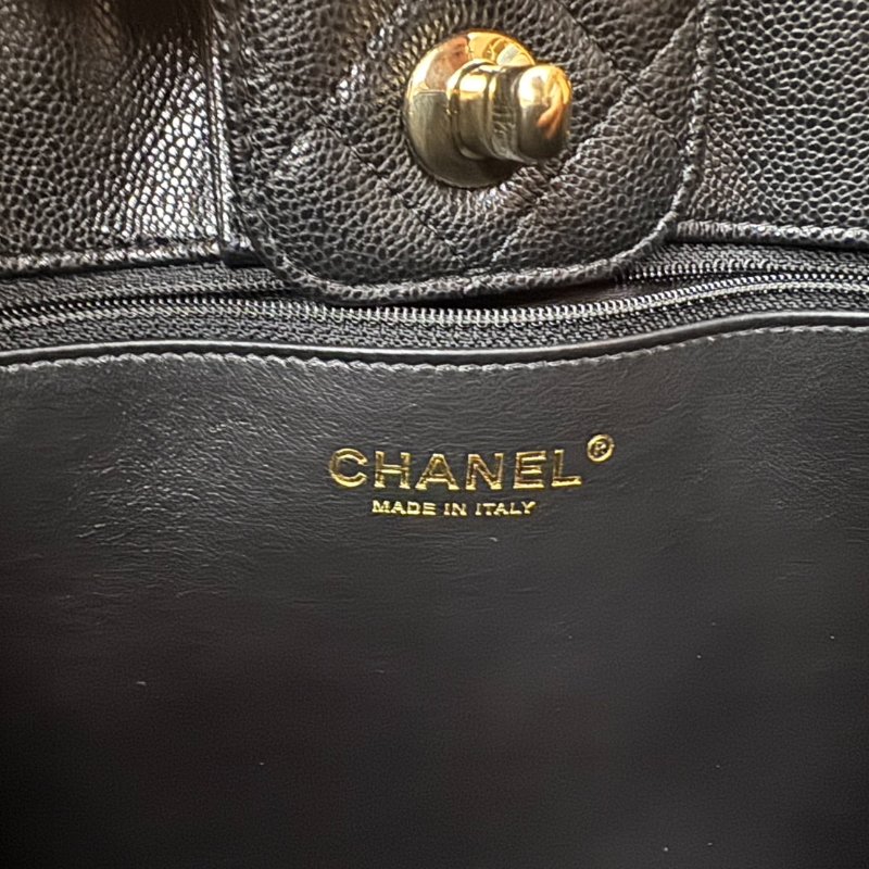 Chanel 黑荔枝牛皮菱格紋淡金釦手提肩背購物包A91046-3