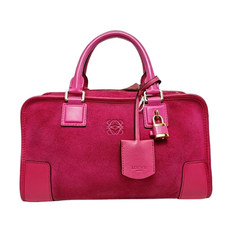 LOEWE Amazona 玫紅色絨面革手提包 金色五金 配件齊全-0