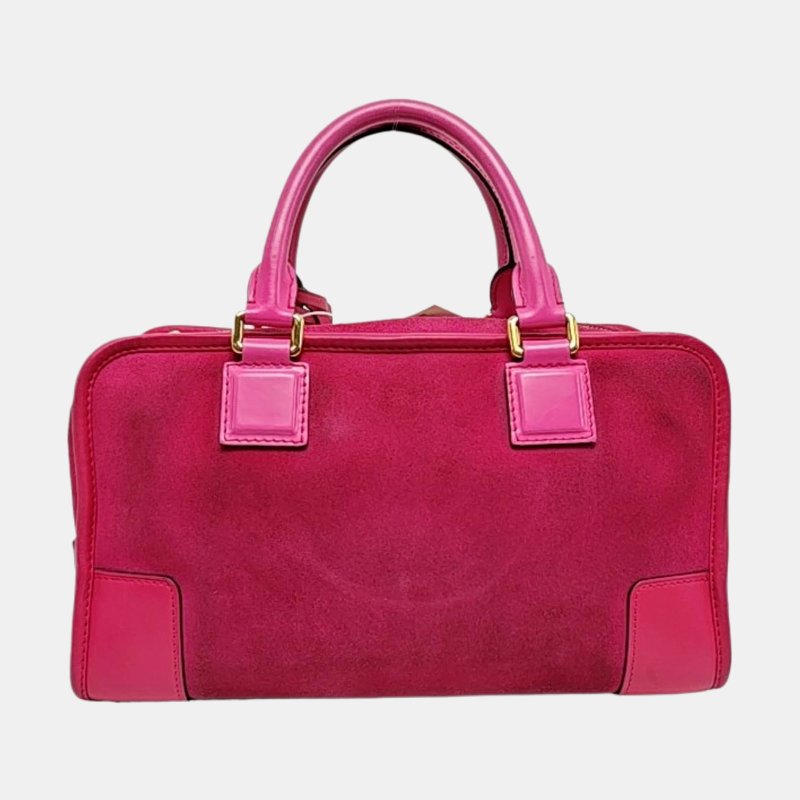 LOEWE Amazona 玫紅色絨面革手提包 金色五金 配件齊全-4