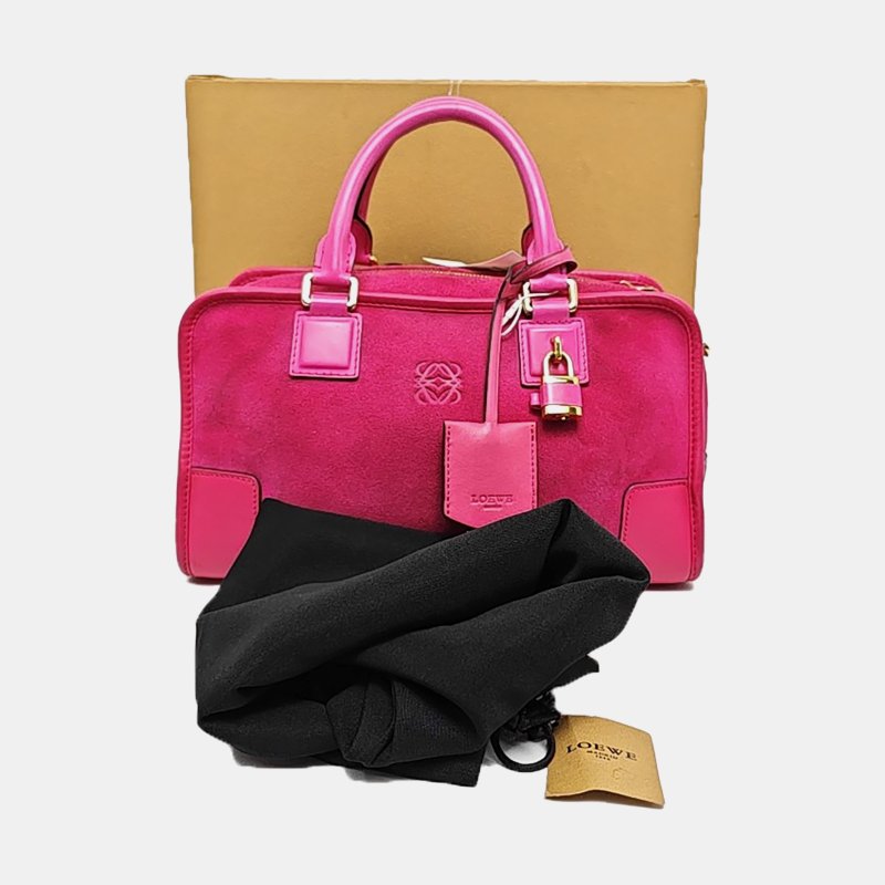 LOEWE Amazona 玫紅色絨面革手提包 金色五金 配件齊全-7