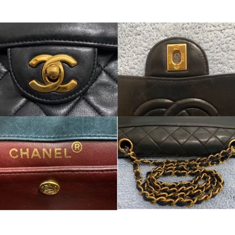 Chanel vintage 香奈兒古董包 附扁夾 羊皮 雙鍊 黑金-9