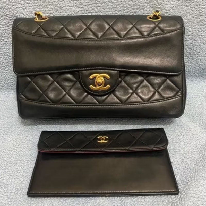 Chanel vintage 香奈兒古董包 附扁夾 羊皮 雙鍊 黑金-10