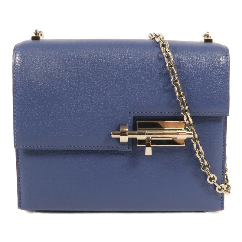 HERMES Chevre皮革Verrou Mini銀扣鏈帶肩背袋Bleu Brighton-0