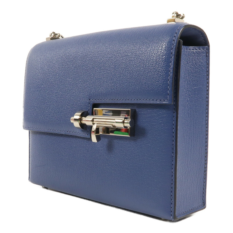 HERMES Chevre皮革Verrou Mini銀扣鏈帶肩背袋Bleu Brighton-2