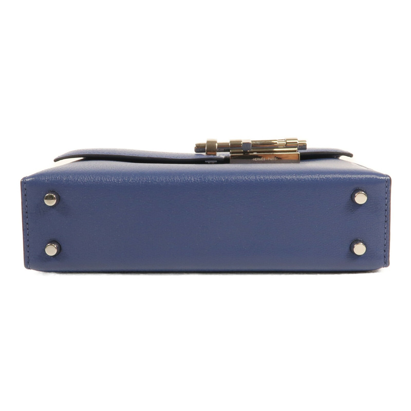 HERMES Chevre皮革Verrou Mini銀扣鏈帶肩背袋Bleu Brighton-3