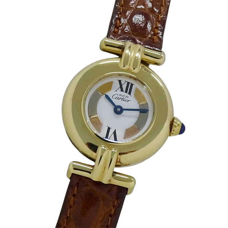 Cartier Must Colisee 女士手錶,鍍金石英,QZ 925 皮革,三色圓形,W1006654-0