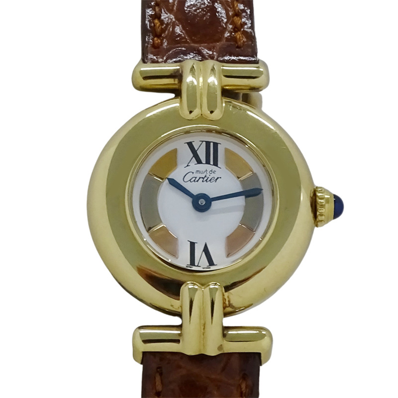 Cartier Must Colisee 女士手錶,鍍金石英,QZ 925 皮革,三色圓形,W1006654-1