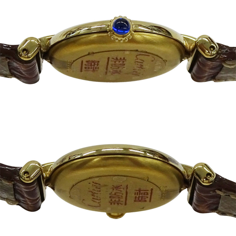 Cartier Must Colisee 女士手錶,鍍金石英,QZ 925 皮革,三色圓形,W1006654-2