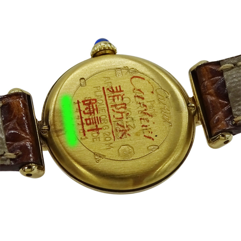 Cartier Must Colisee 女士手錶,鍍金石英,QZ 925 皮革,三色圓形,W1006654-6