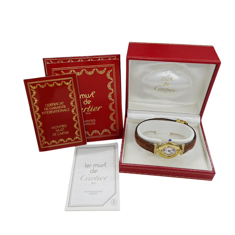 Cartier Must Colisee 女士手錶,鍍金石英,QZ 925 皮革,三色圓形,W1006654-7