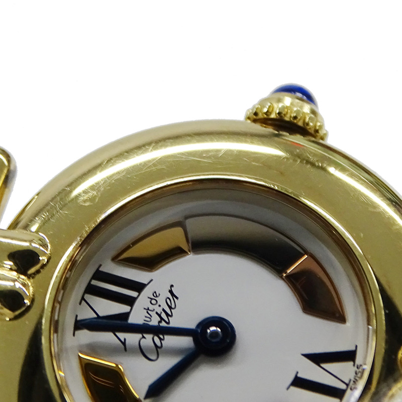 Cartier Must Colisee 女士手錶,鍍金石英,QZ 925 皮革,三色圓形,W1006654-9