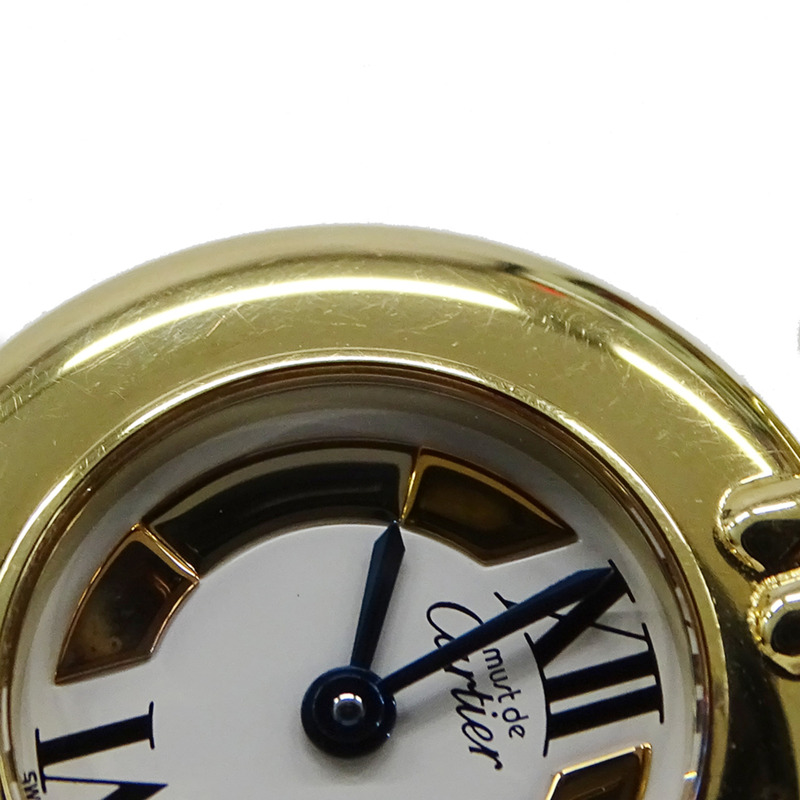 Cartier Must Colisee 女士手錶,鍍金石英,QZ 925 皮革,三色圓形,W1006654-10