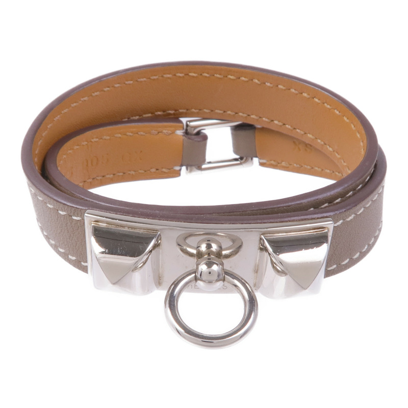 HERMES Swift皮革Rivale Double Tour銀扣手帶Etoupe-0