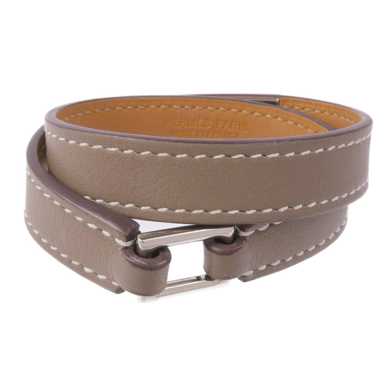 HERMES Swift皮革Rivale Double Tour銀扣手帶Etoupe-2