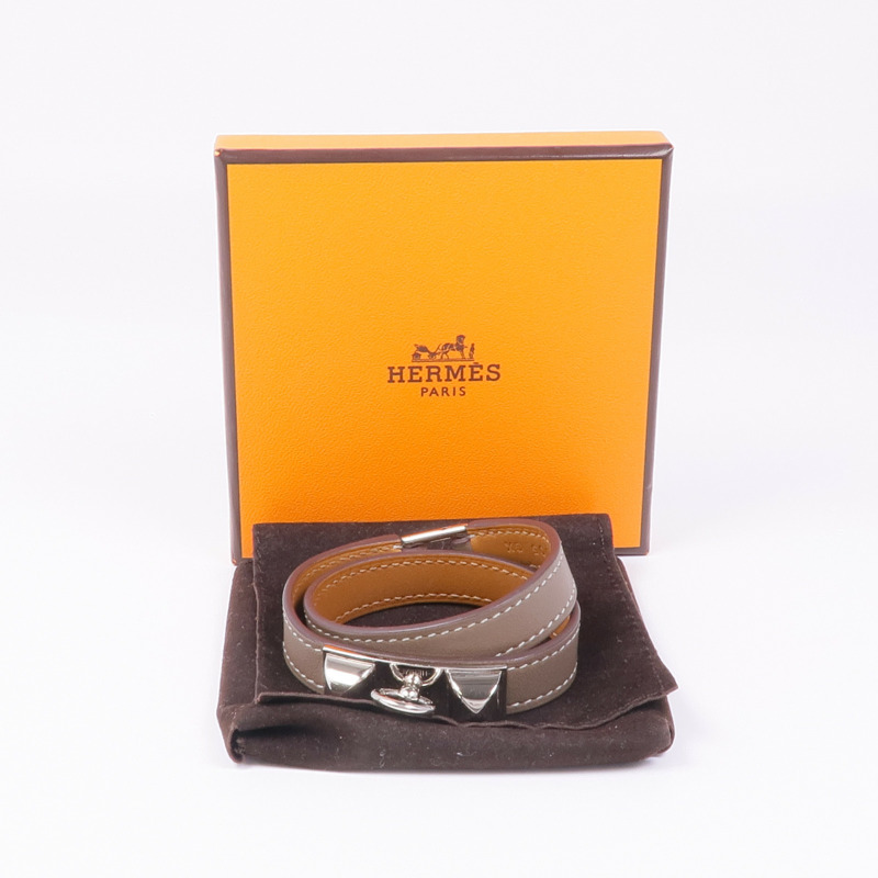 HERMES Swift皮革Rivale Double Tour銀扣手帶Etoupe-10