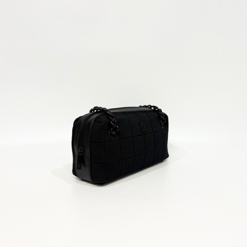 CHANEL黑帆布黑釦方塊格紋雙耳保齡球包A17377-5