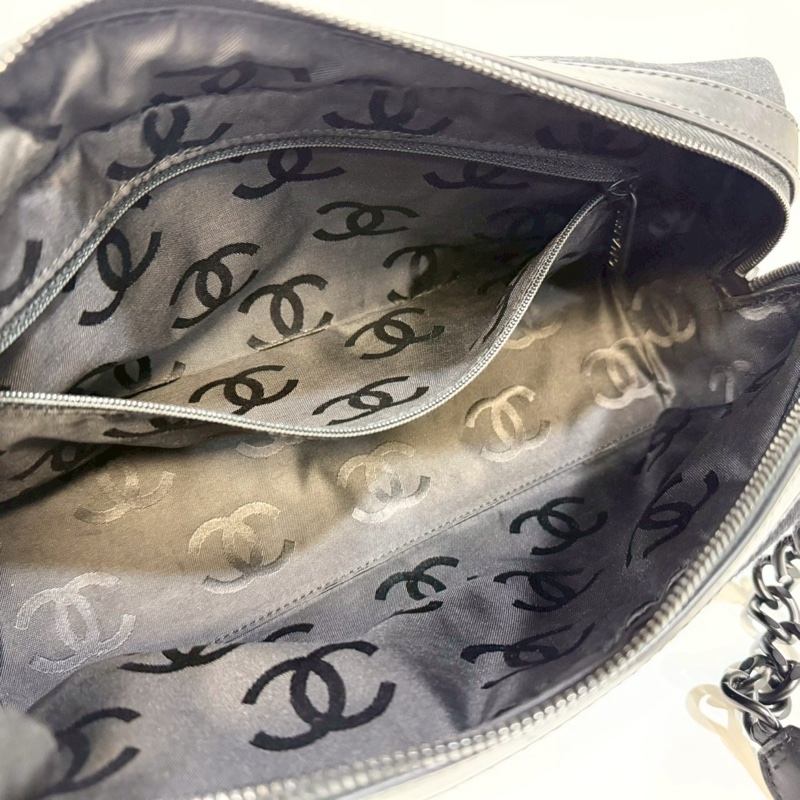 CHANEL黑帆布黑釦方塊格紋雙耳保齡球包A17377-8