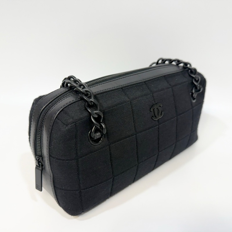 CHANEL黑帆布黑釦方塊格紋雙耳保齡球包A17377-9