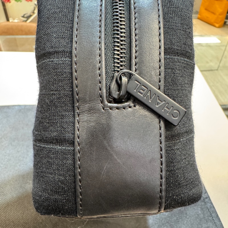 CHANEL黑帆布黑釦方塊格紋雙耳保齡球包A17377-20