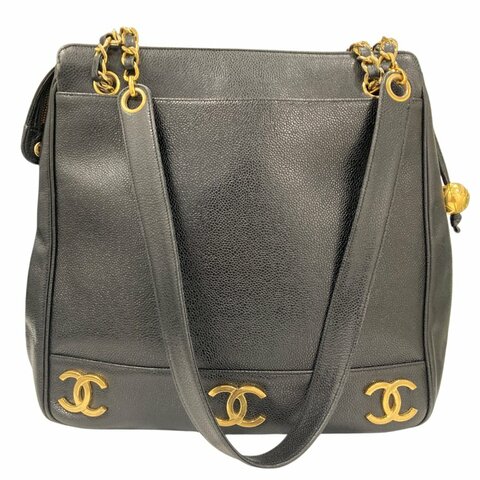 CHANEL 香奈兒 Triple Coco Mark 荔枝牛皮 肩背包 黑色