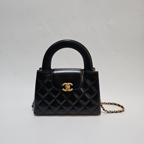 Chanel 黑復刻小牛皮菱格紋KellyMini霧金釦手提斜背鏈包AS4416