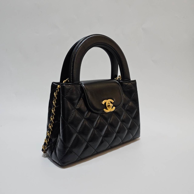 Chanel 黑復刻小牛皮菱格紋KellyMini霧金釦手提斜背鏈包AS4416-3