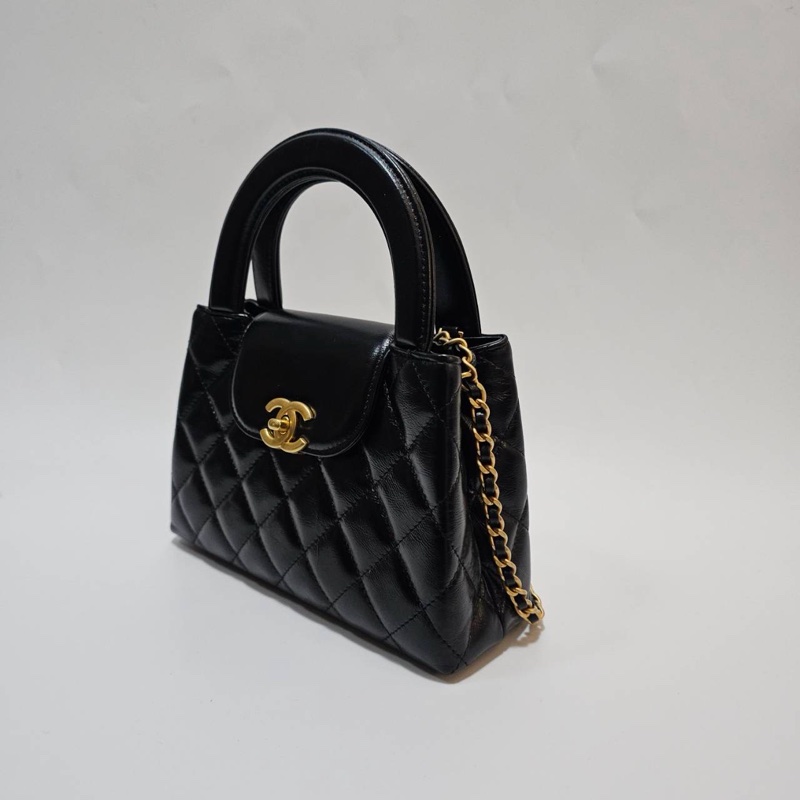 Chanel 黑復刻小牛皮菱格紋KellyMini霧金釦手提斜背鏈包AS4416-4