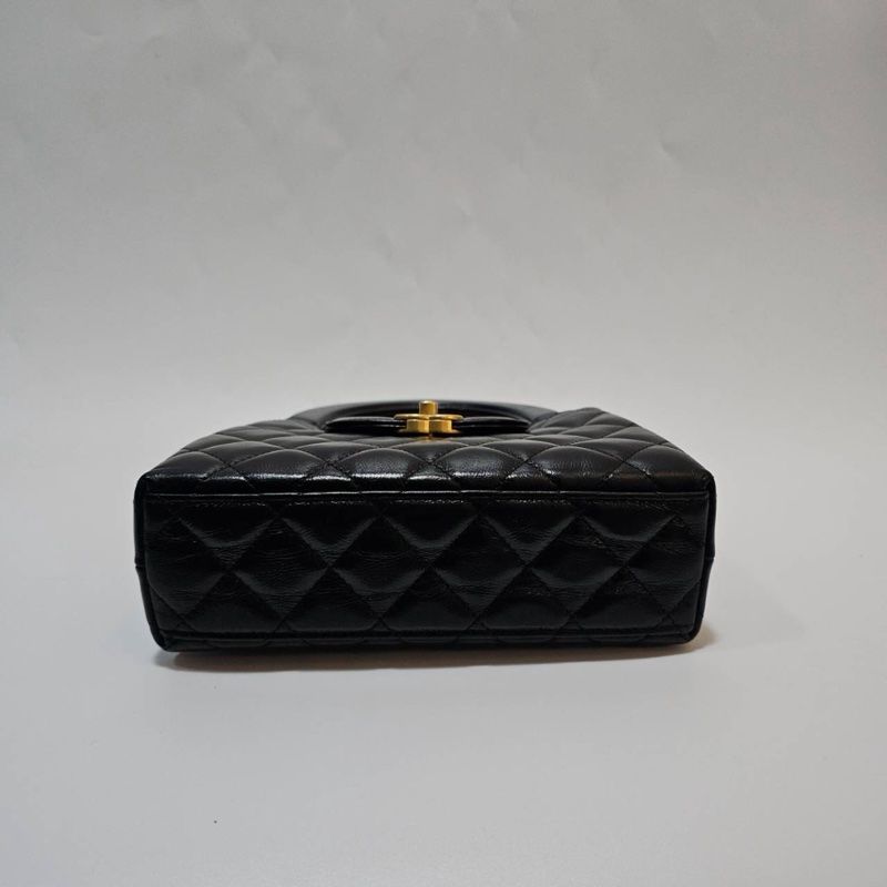Chanel 黑復刻小牛皮菱格紋KellyMini霧金釦手提斜背鏈包AS4416-5