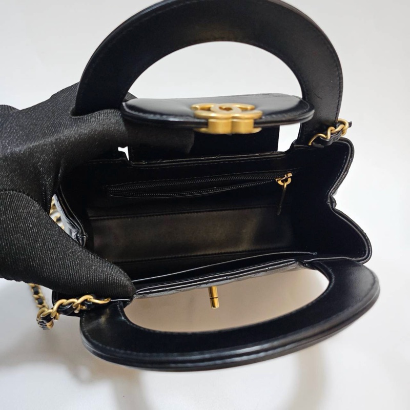 Chanel 黑復刻小牛皮菱格紋KellyMini霧金釦手提斜背鏈包AS4416-9