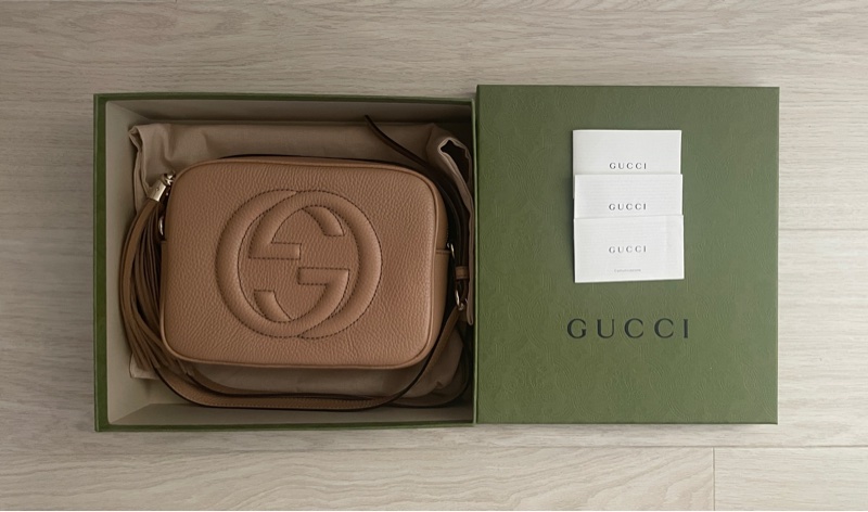 Gucci 古馳 奶茶色 荔枝 真皮 牛皮 相機包-1