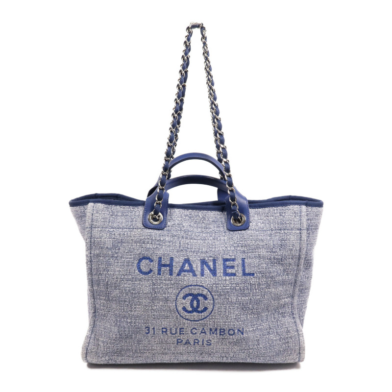 CHANEL 帆布Deauville Tote Bag銀扣鏈帶手挽肩背兩用袋-0